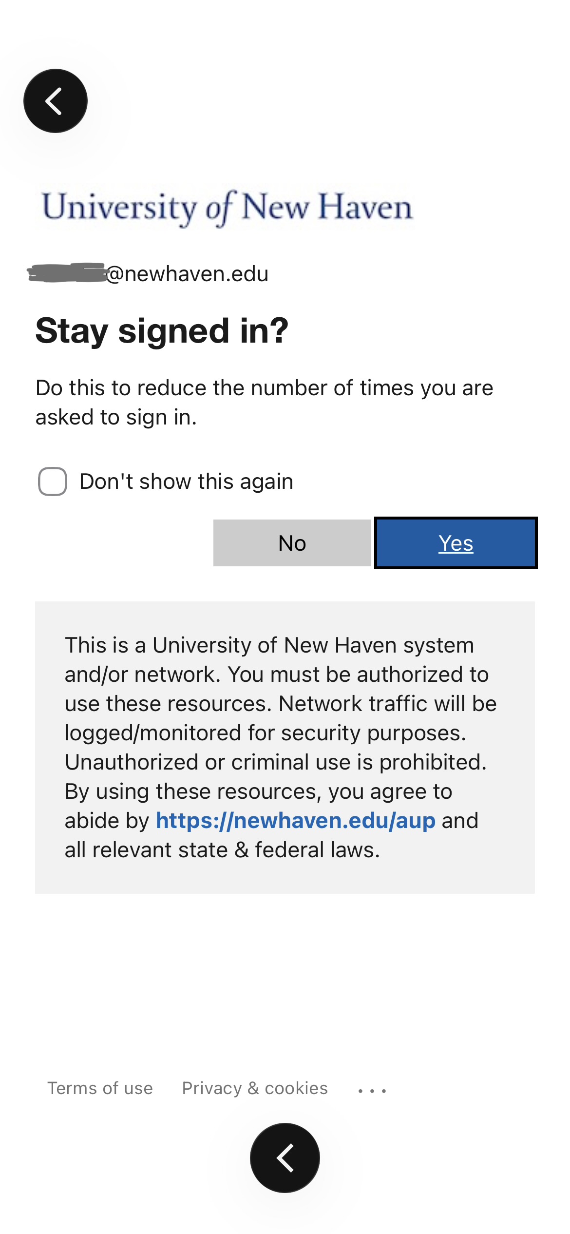 IMG_2461 Step #5 - Select "Yes" on this page remain authenticated when using the Canvas app.